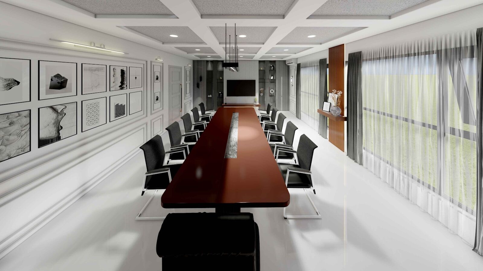 Modern, minimalist boardroom with long table and chairs.